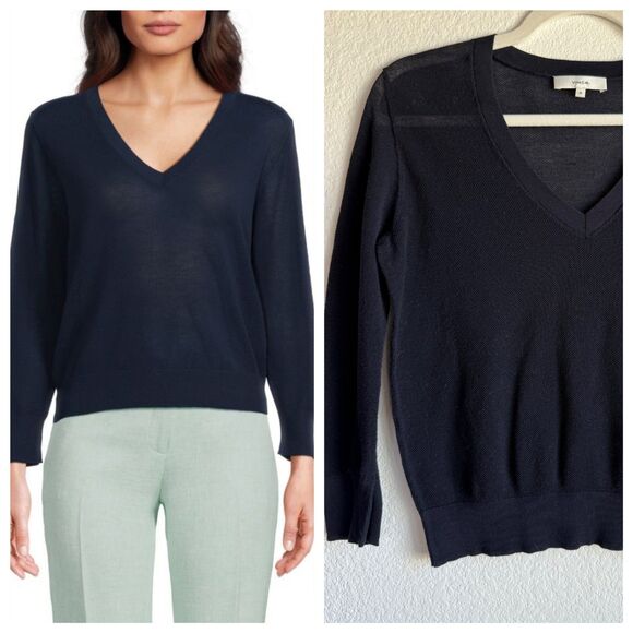 Vince Sweaters - Vince. Women's 100% Cotton Sheer Mesh V Neck Long Sleeve Sweater in Navy Size M